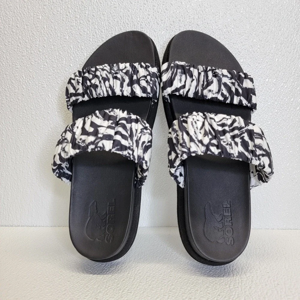 Sorel Women's Roaming Two Strap Slide Sandals Black White Size 9.5